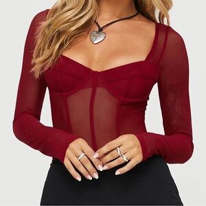 Princess Polly Sheer Long-Sleeve Burgundy Leonie Bodysuit NWT